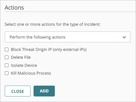 Screen shot of the Actions section on the Add Policy page in ThreatSync