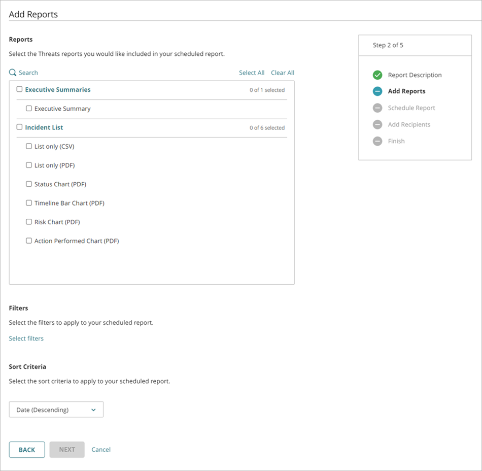 Screenshot of the Add Reports page in the Add a Scheduled Report Wizard, step 2