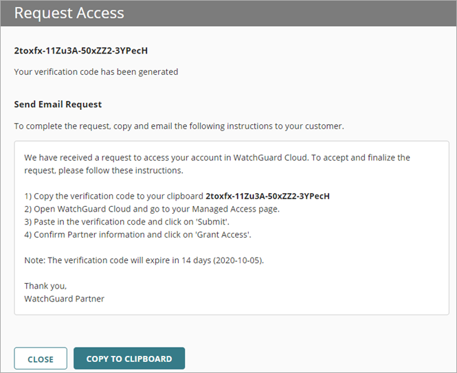 Screen shot of WatchGuard Cloud, Request Access Verification Code