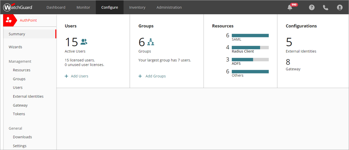 Screen shot of WatchGuard Cloud, Configure AuthPoint Summary page