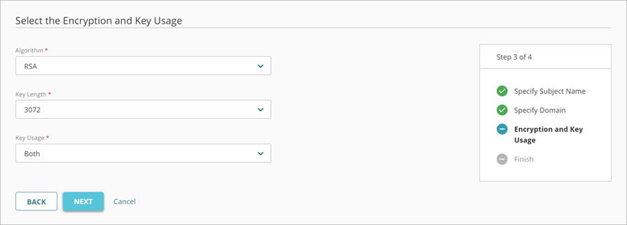 Screen shot of the Encryption and Key Usage page for a CSR