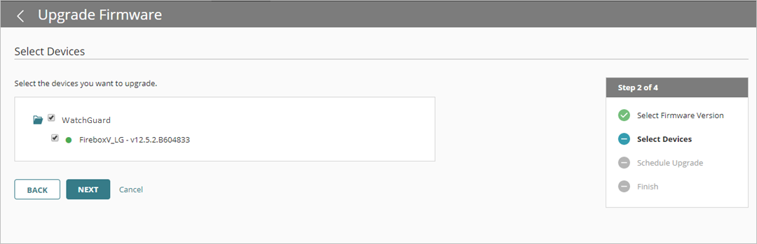 Screen shot of Upgrade Firmware wizard, Select Devices