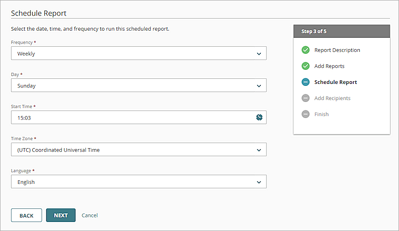 Create Schedule Wizard のスクリーンショット、スケジュール レポートの手順