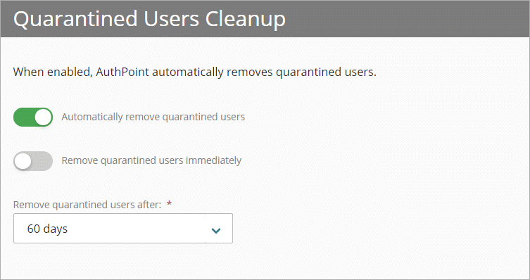 Screenshot that shows the Quarantined Users Cleanup section on the Settings page. 