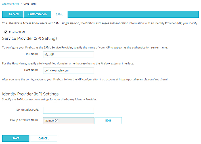 SAML 構成での SP 設定のスクリーンショット