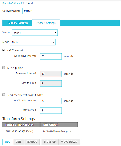 Screen shot of the Phase 1 Settings tab