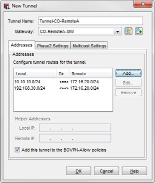 基地局からリモート オフィス A へのトンネル ルートの設定を含めた 新しいトンネル] ダイアログ ボックスのスクリーンショット