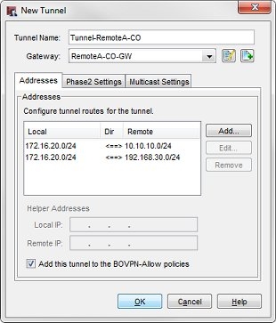 リモート オフィス A のトンネル ルートが入力された、新しいトンネル ダイアログ ボックスのスクリーンショット