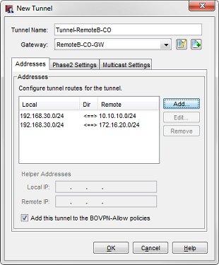 リモート オフィス B へのトンネル ルートの設定を含めた 新しいトンネル] ダイアログ ボックスのスクリーンショット