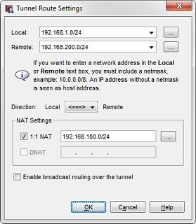 192.168.100.0/24 の 1-to-1 NAT 設定を示すトンネル ルートの設定ダイアログ ボックスのスクリーンショット