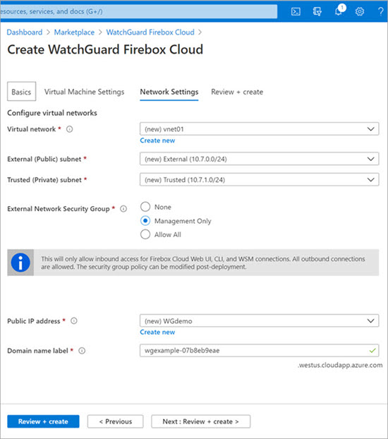 Screen shot of the Network Settings page in the Firebox Cloud Azure Wizard