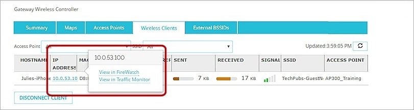 Screen shot of the Wireless Clients page with the IP address links to FireWatch and Traffic Monitor