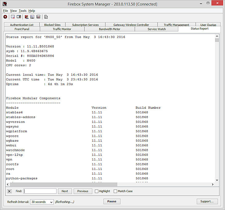 Screen shot of the FSM Status Report tab with the Find field