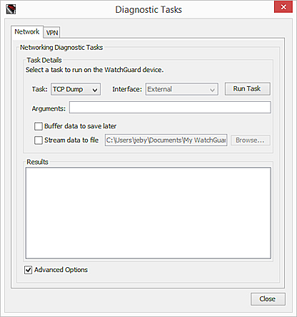 Screen shot of the Diagnostic Tasks dialog box, TCP Dump task