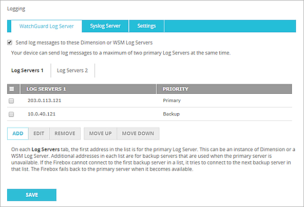 Fireware XTM Web UI — ログ記録ページ