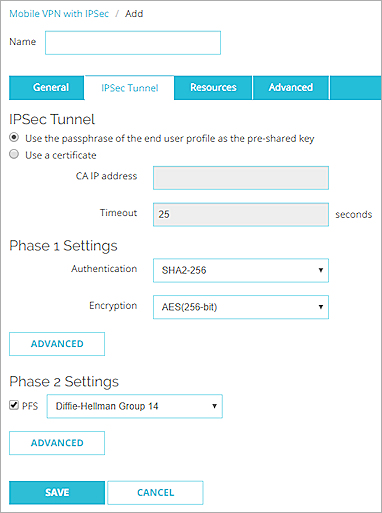 Mobile VPN with IPSec 設定、IPSec トンネル タブのスクリーンショット