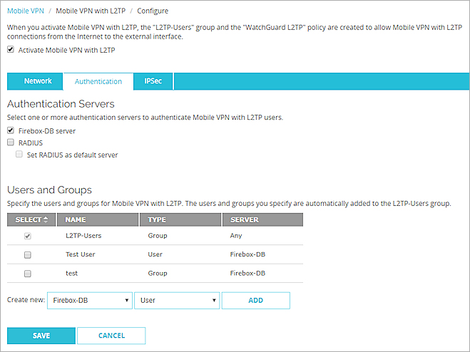 Mobile VPN with L2TP ページの認証タブのスクリーンショット