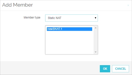 Screen shot of the Add Member dialog box, with a static NAT member selected