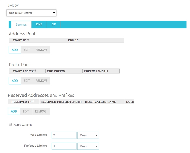 Screen shot of the IPv6 DHCP Server settings for a trusted or optional interface