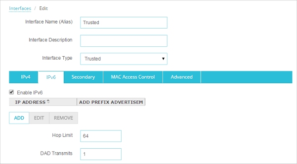 Web UI における信頼済みインターフェイスの IPv6 設定のスクリーンショット