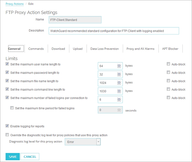 FTP プロキシ アクションの プロキシ アクションの編集 ページ、全般 タブのスクリーンショット