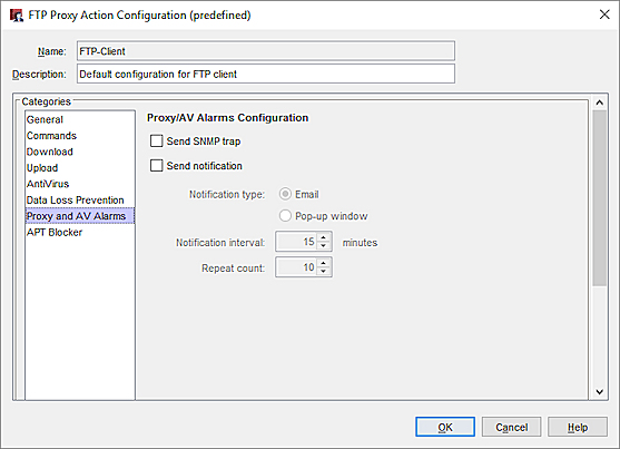 Policy Manager の FTP プロキシおよび AV アラーム設定のスクリーンショット