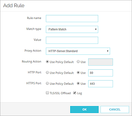 Fireware Web UI の ルールの追加 ダイアログ ボックスのスクリーンショット