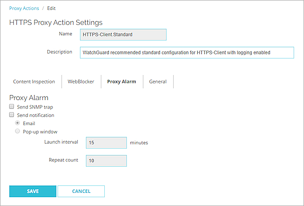 HTTPS クライアント プロキシ アクションの編集 ページ、プロキシ アラーム カテゴリのスクリーンショット
