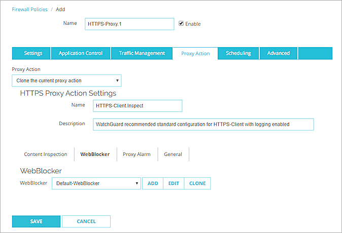 Fireware Web UI でコンテンツ インスペクションが無効化された WebBlocker プロキシ アクション設定 のスクリーン ショット