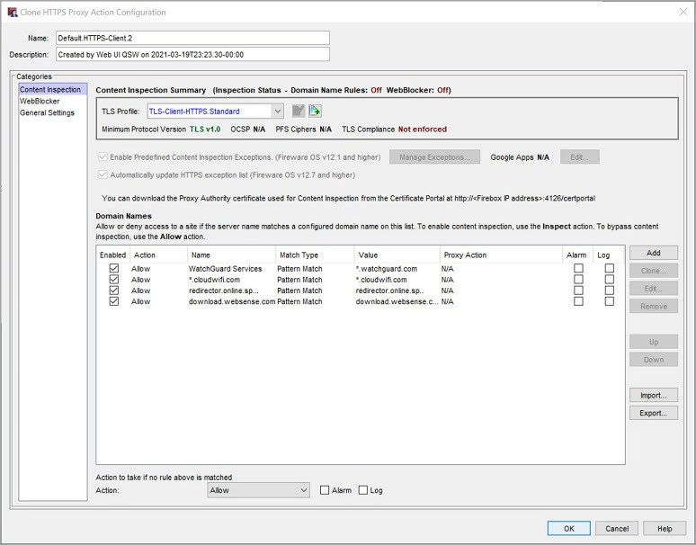 Policy Manager の HTTP クライアント プロキシ アクションのコンテンツ インスペクション設定のスクリーンショット