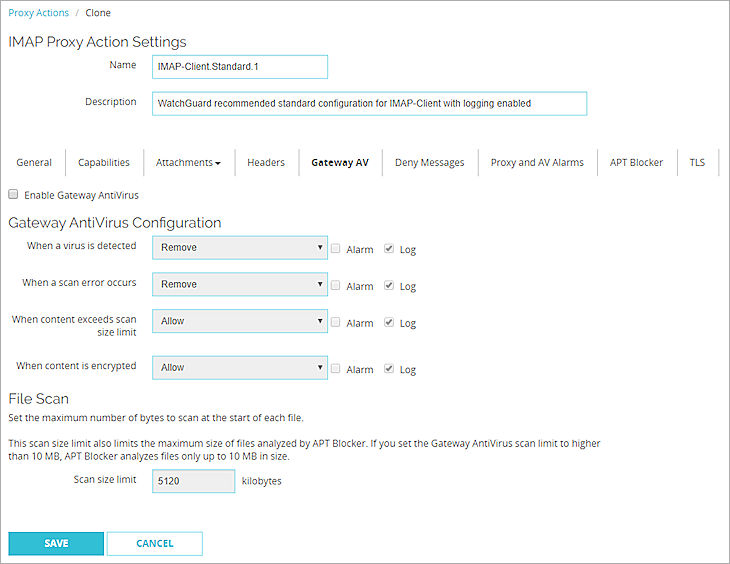 Screen shot of the Gateway AV settings for an IMAP proxy action in Fireware Web UI