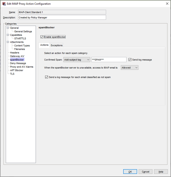 Policy Manager の IMAP プロキシ アクションの spamBlocker 設定のスクリーンショット