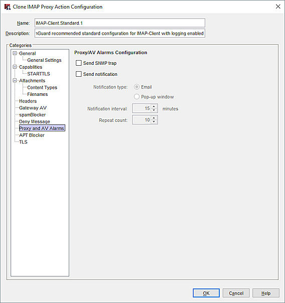 Screen shot of the Proxy and AV Alarms settings in Policy Manager