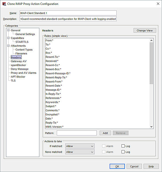 Screen shot of the Headers settings in an IMAP proxy action in Policy Manager