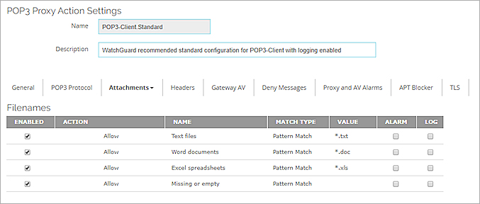 Screen shot of the Edit Proxy Action page for the POP3-Client, Attachments > Filenames