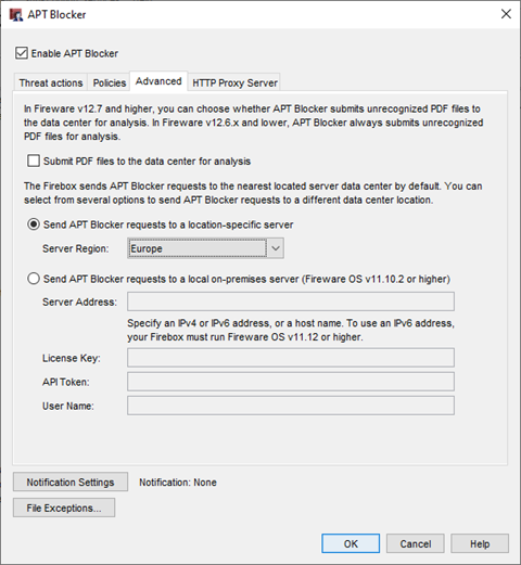 Screen shot of APT Blocker configuration - Advanced tab in Policy Manager