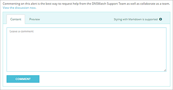 Screen shot of the Comment section of the Details for an alert