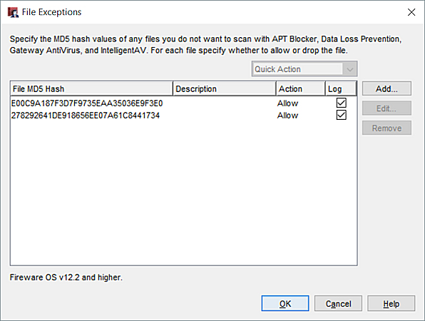 Screenshot of the File Exceptions dialog box. 