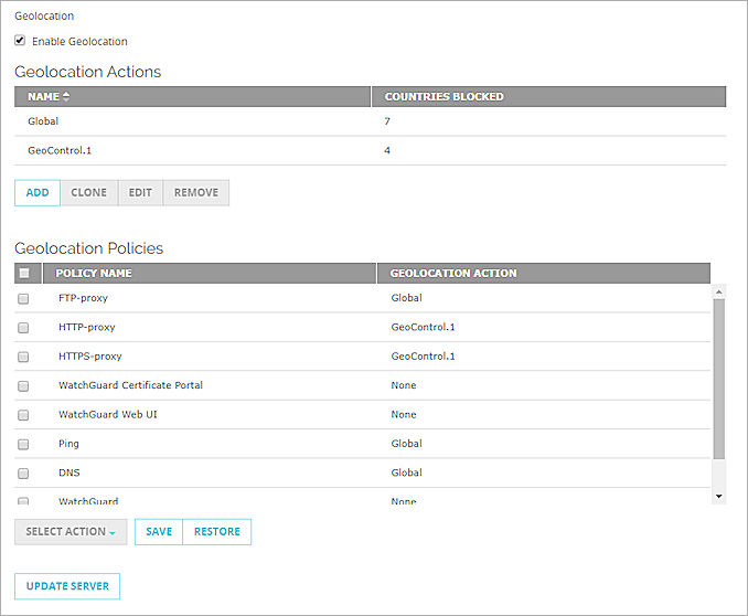 Screen shot of Geolocation page in Fireware Web UI. 