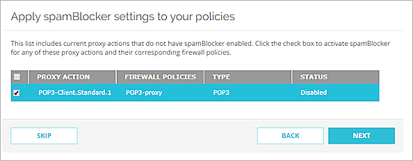 Screen shot of the spamBlocker wizard in Fireware Web UI