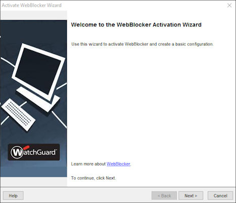 Screen shot of the WebBlocker Activation Wizard welcome page. 