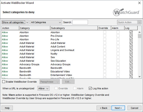 Screen shot of the Activate WebBlocker Wizard select categories to deny page. 