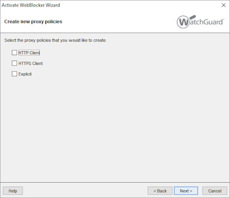 Screen shot of the Activate WebBlocker Wizard create new proxy policies page. 