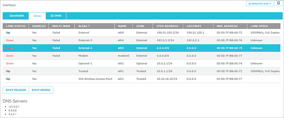 Screen shot of the Fireware XTM Web UI System Status > Interfaces page