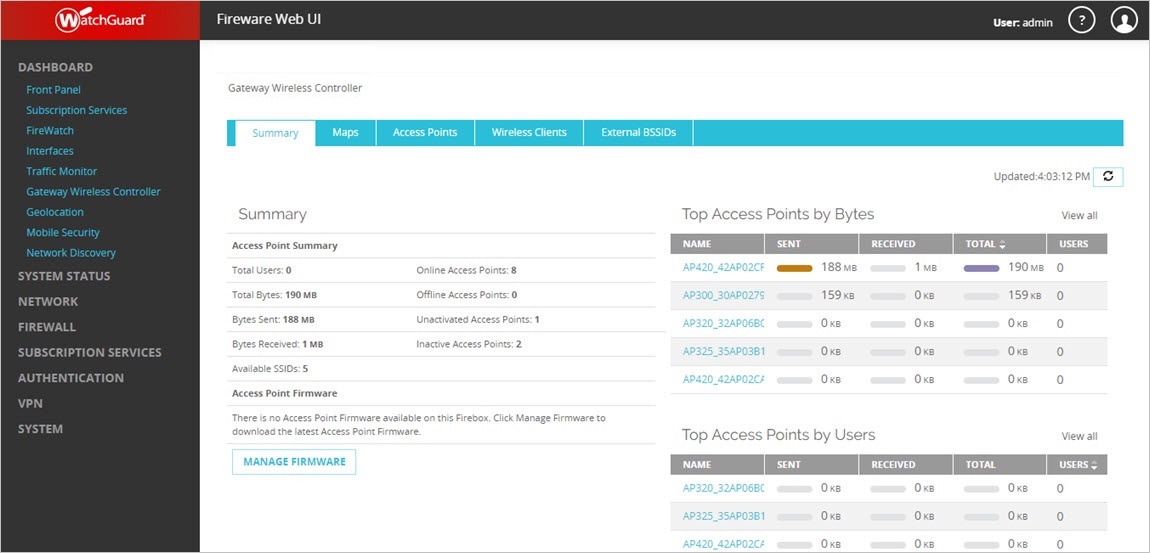 Screen shot of the Gateway Wireless Controller Dashboard page - Summary tab. 