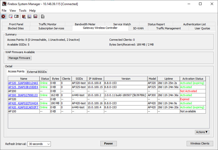 Gateway Wireless Controller のアクセスポイント タブのスクリーンショット