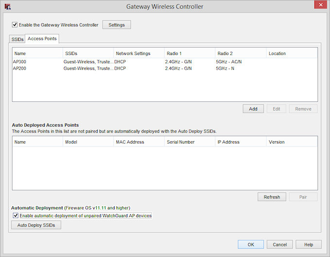 自動配備が有効化された状態の Gateway Wireless Controller ダイアログ ボックスのスクリーンショット