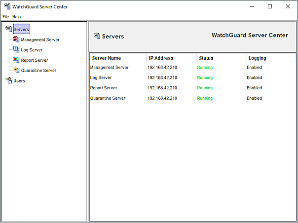 WatchGuard Server Center のサーバー ページのスクリーンショット