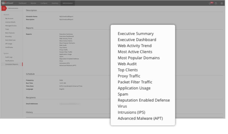 WatchGuard Cloud dashboard showing the types of reports available
