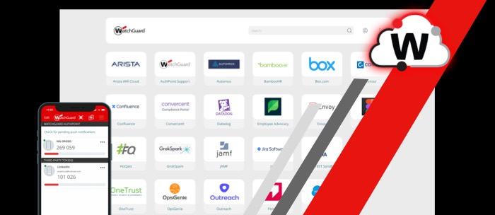 Portale SSO di WatchGuard AuthPoint con un cellulare a sinistra che mostra i token di AuthPoint